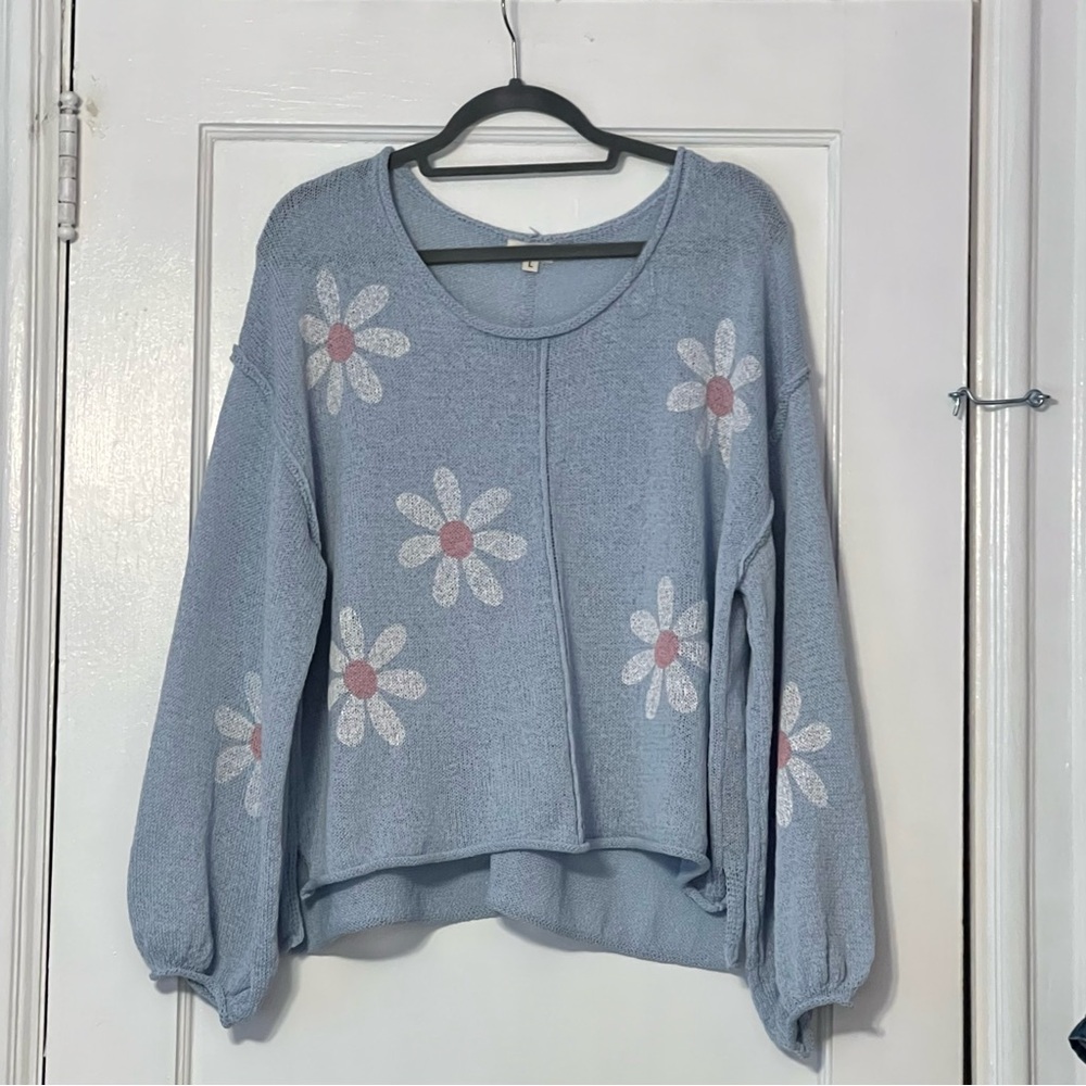 POL Blue Daisy Slouchy Sweater with Balloon Sleeves - Picture 2 of 8